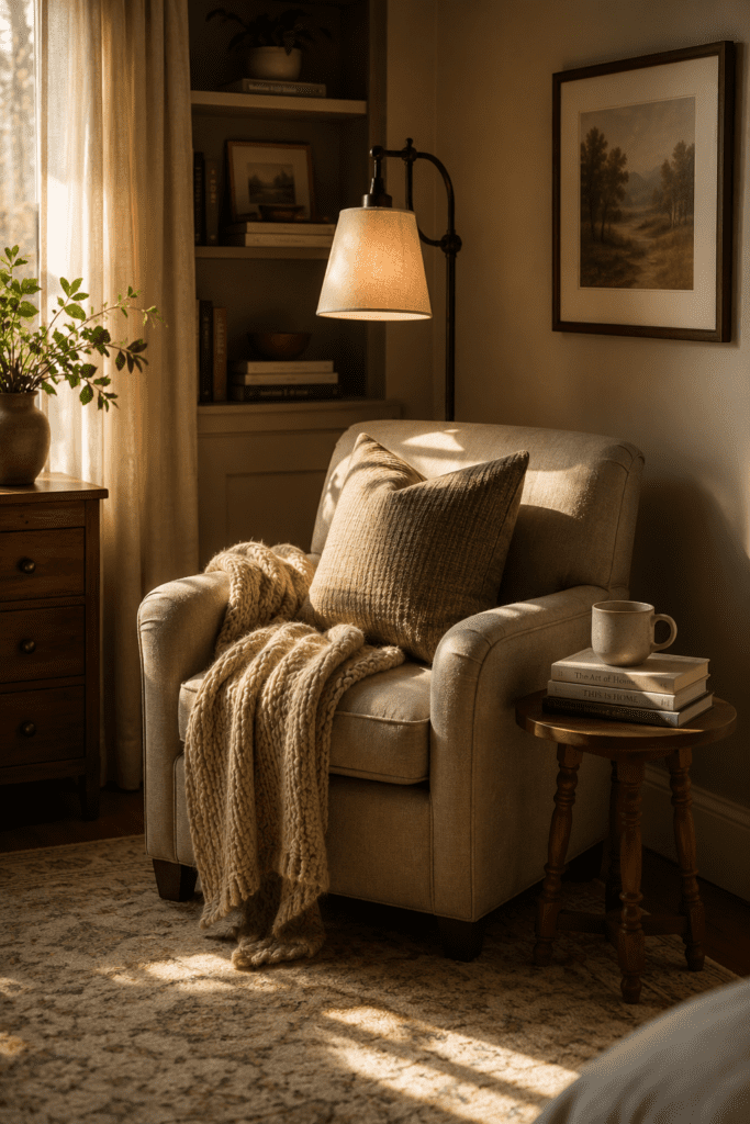 Bedroom reading nook with upholstered chair, books, floor lamp, and cozy morning sunlight.