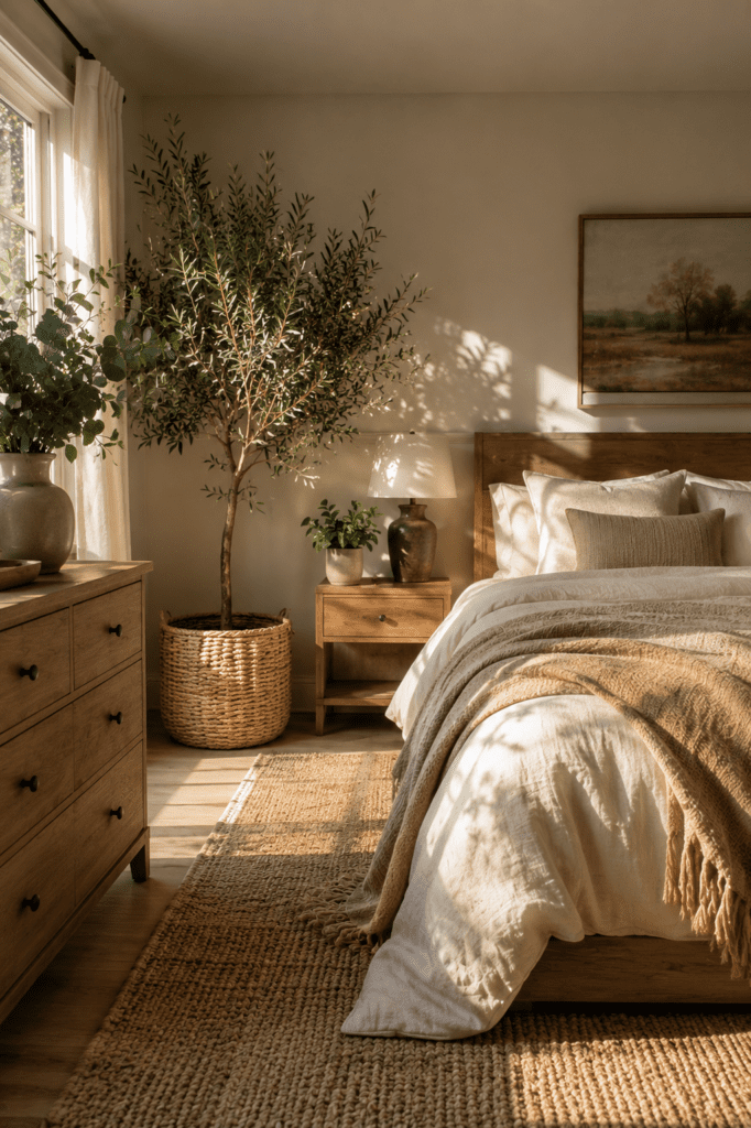 Cozy bedroom decorated with olive trees, potted plants, and natural greenery near bright windows.