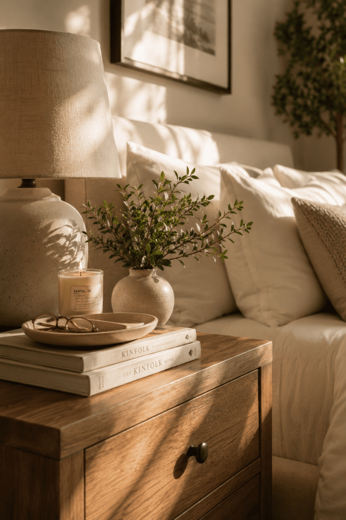 Oak nightstand styled with books, ceramic lamp, greenery, and decorative accessories beside a bed.