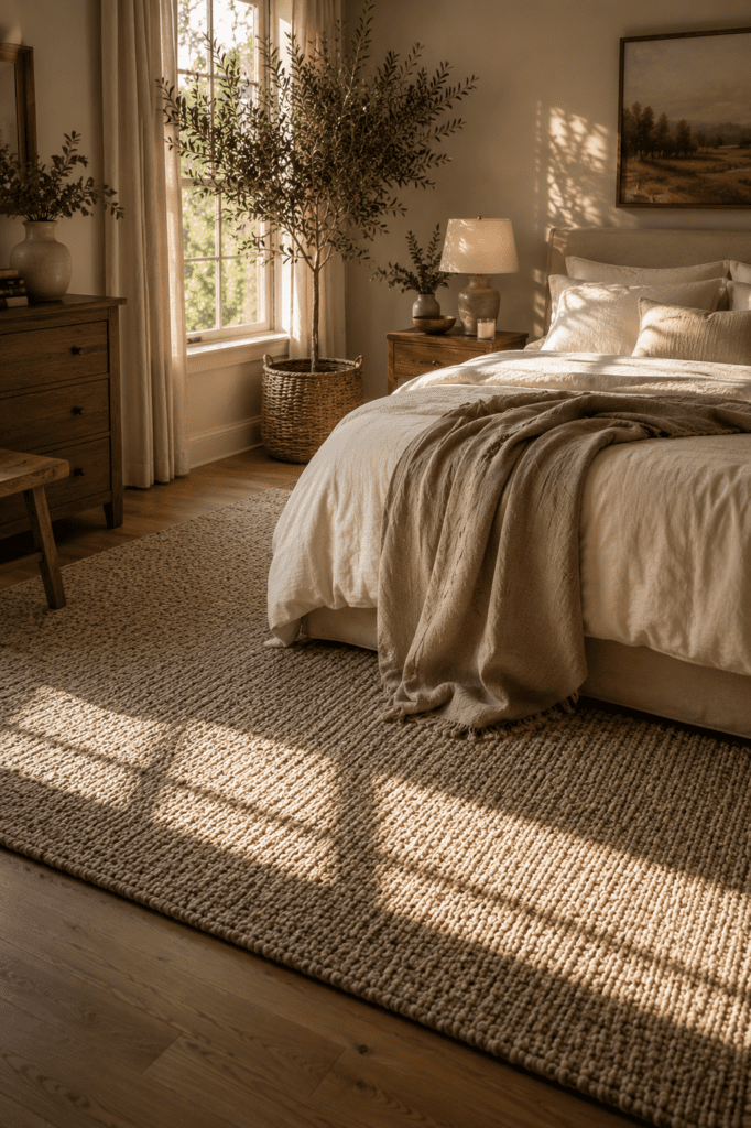 Neutral textured area rug beneath a cozy bed with layered bedding and warm natural decor.