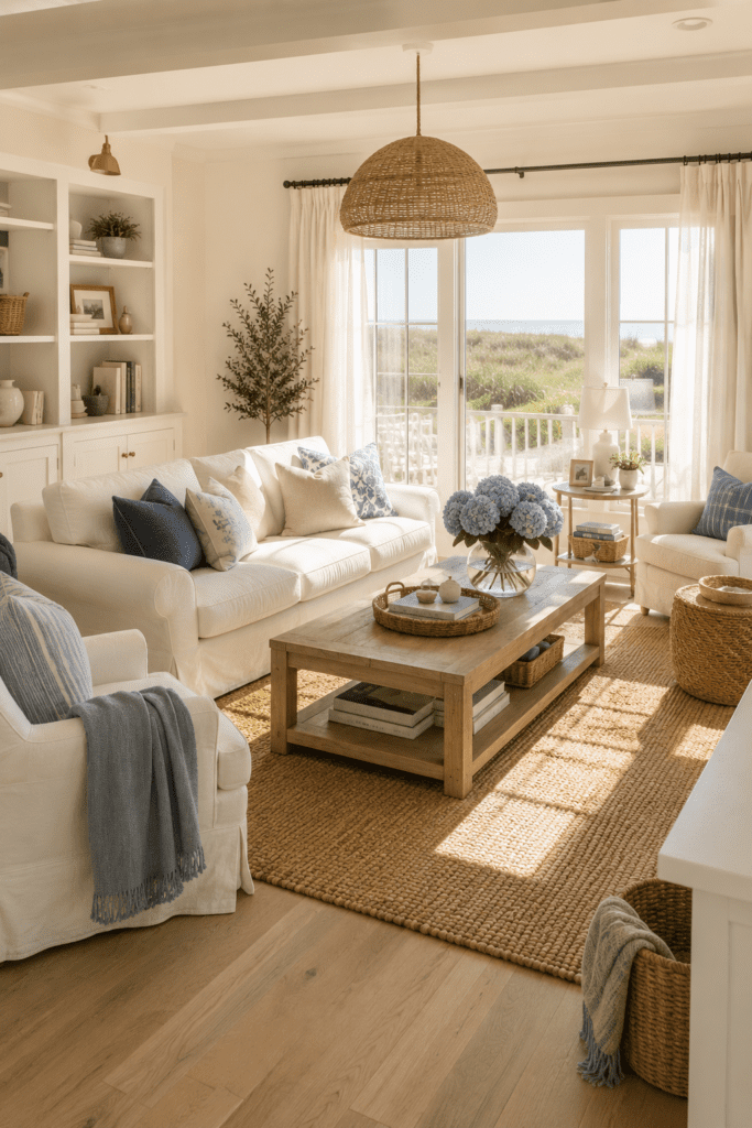 Coastal living room with white slipcovered sofa, woven decor, light oak furniture, and bright summer sunlight.