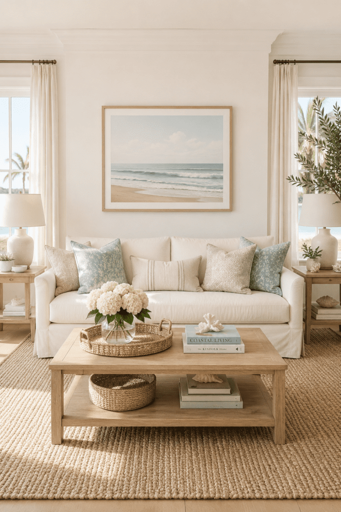 Coastal living room with cream sofa, warm white walls, neutral decor, and soft natural lighting.