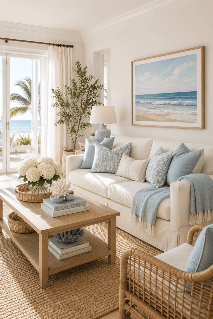 Coastal living room featuring blue accent pillows, coastal artwork, and bright beach house styling.
