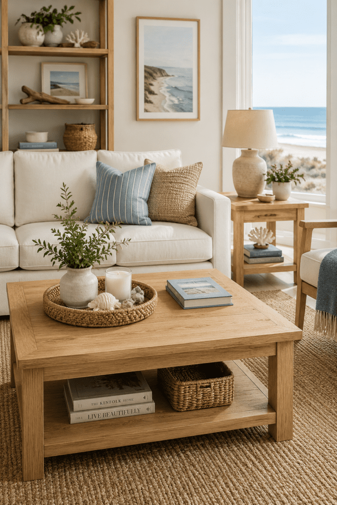 Light oak coffee table and natural wood furniture in a bright coastal living room.