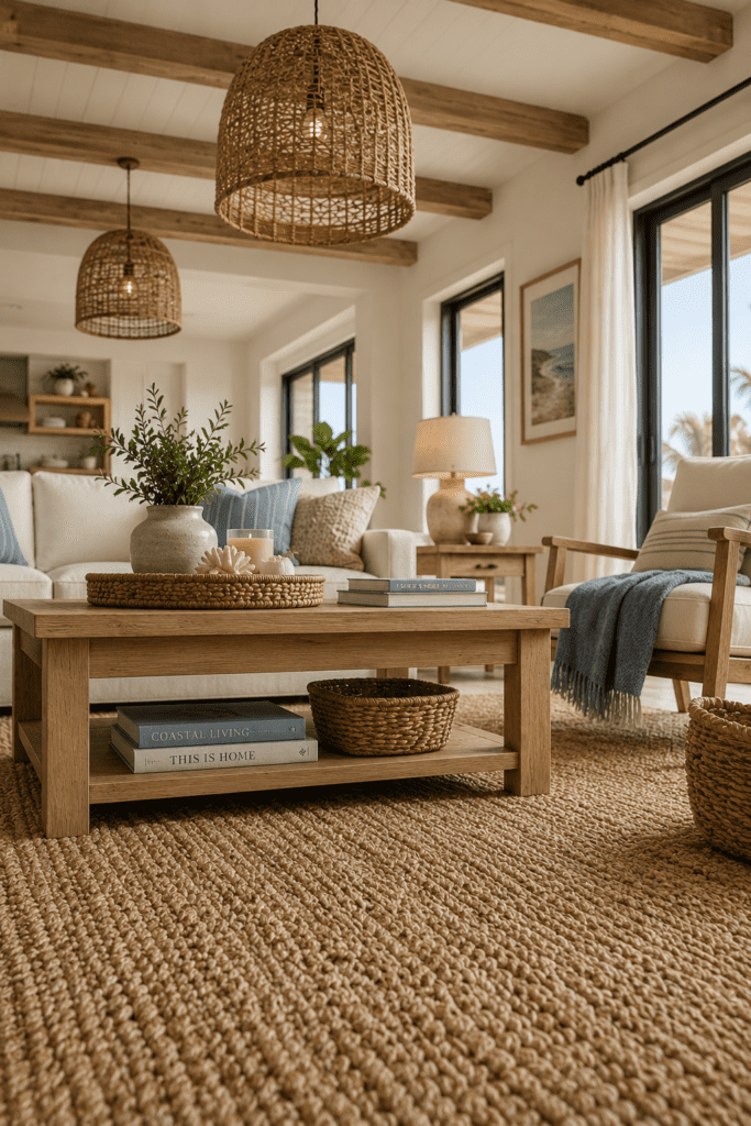 Coastal living room with woven pendant light, jute rug, and natural basket decor.
