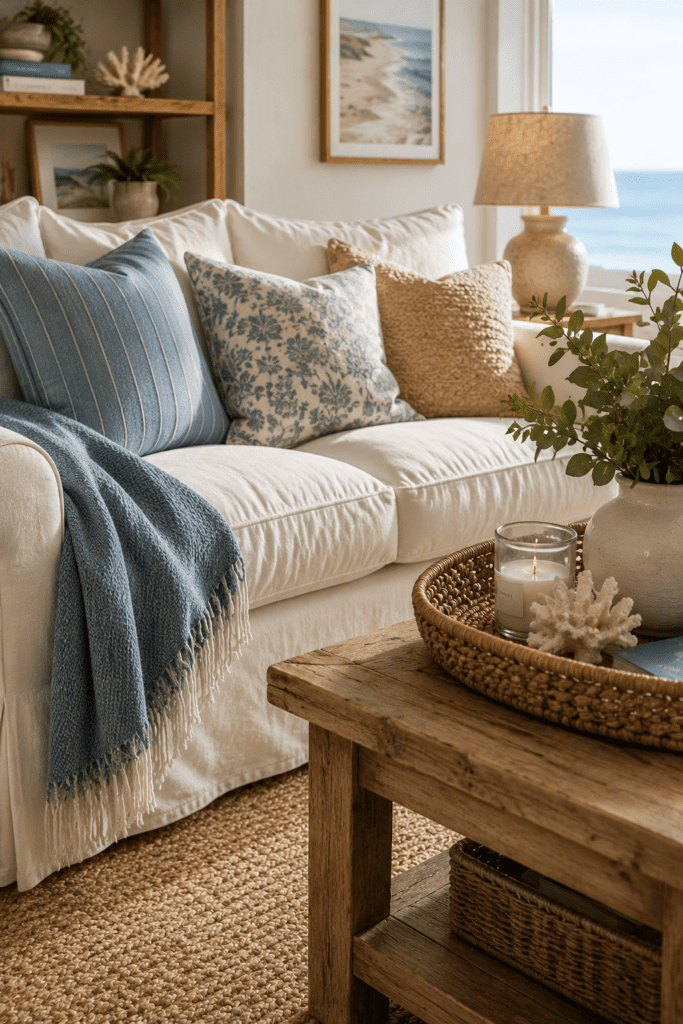 White slipcovered sofa with layered pillows in a cozy coastal living room.