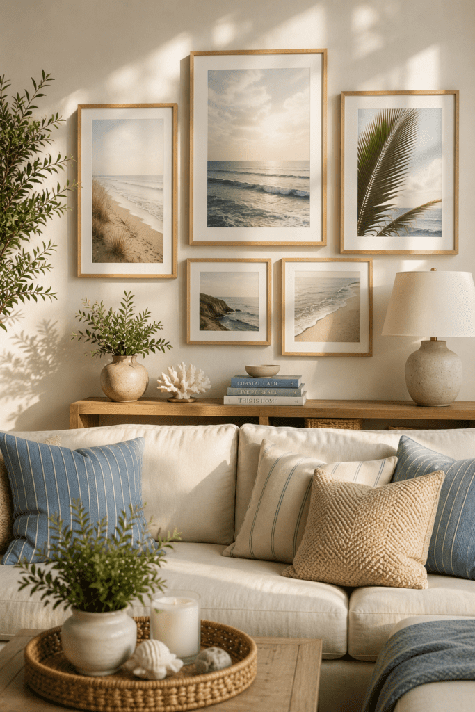 Beach-inspired artwork displayed above a sofa in a coastal living room.