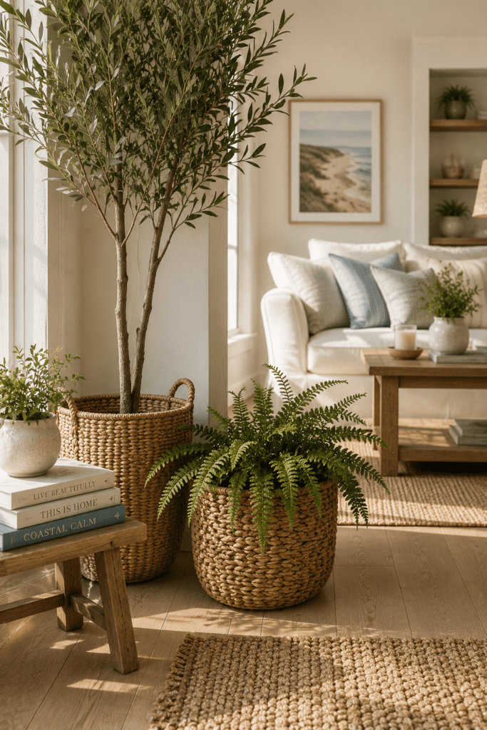 Coastal living room corner featuring indoor plants, woven baskets, and natural sunlight.