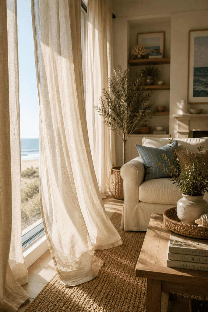 Linen curtains filtering sunlight in a bright coastal living room.