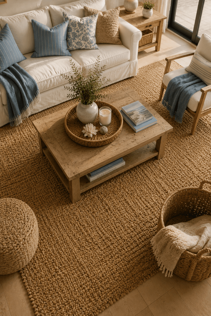 Large jute rug anchoring a coastal living room seating arrangement.