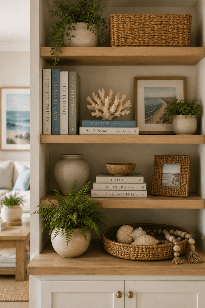 Coastal built-in shelves styled with books, pottery, greenery, and woven accents.