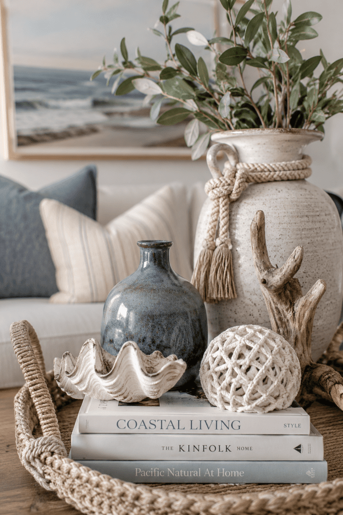 Coastal decor vignette featuring driftwood accessories, rope details, and ceramic accents.