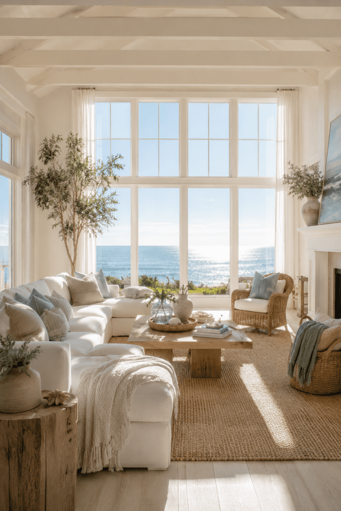 Bright coastal living room filled with natural sunlight from oversized windows.