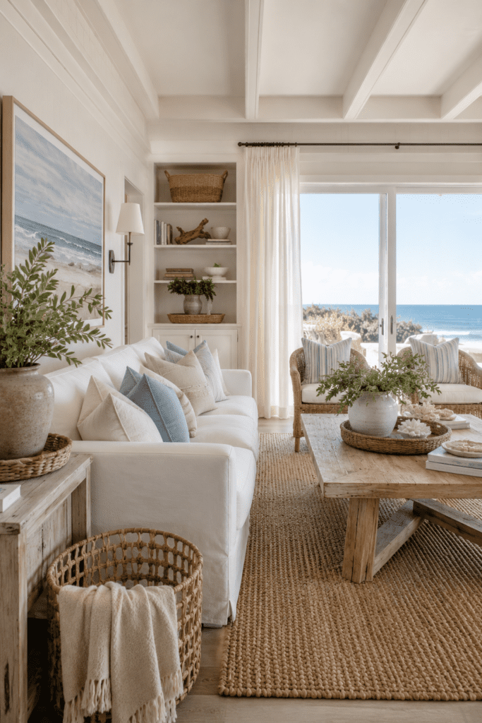 White coastal furniture paired with woven textures and natural wood accents.