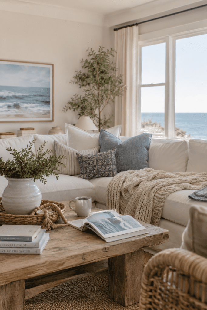 Relaxed coastal living room with casual decor, open books, and comfortable seating.