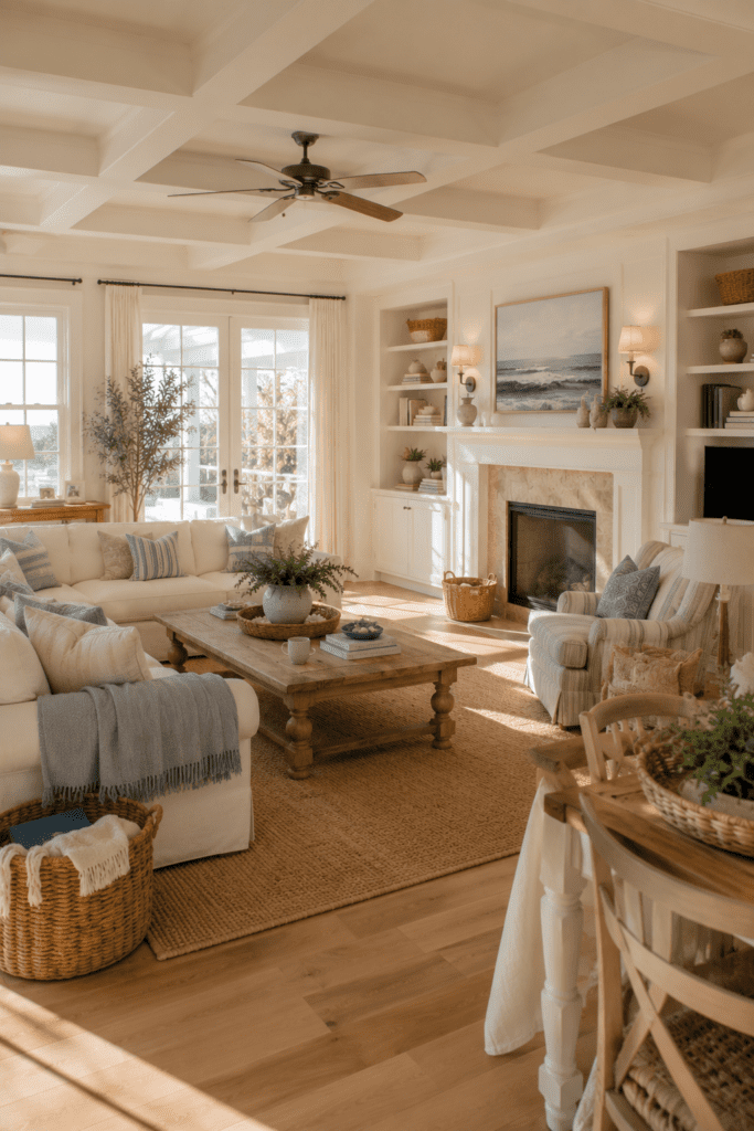 Functional coastal living room designed with comfortable seating and practical storage.