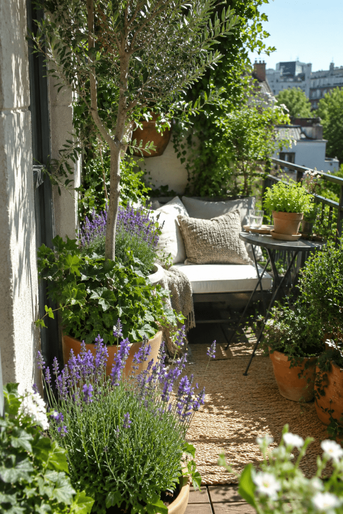 Apartment balcony filled with terracotta planters, olive tree, and lush greenery.