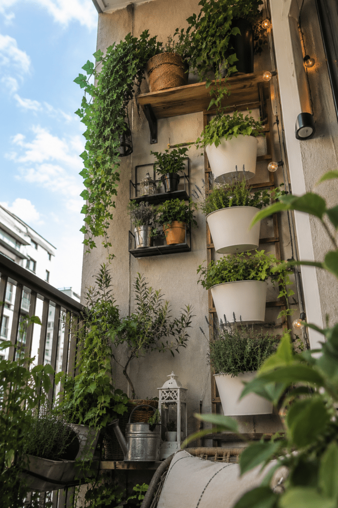 Small balcony using vertical wall planters and shelving to maximize space.