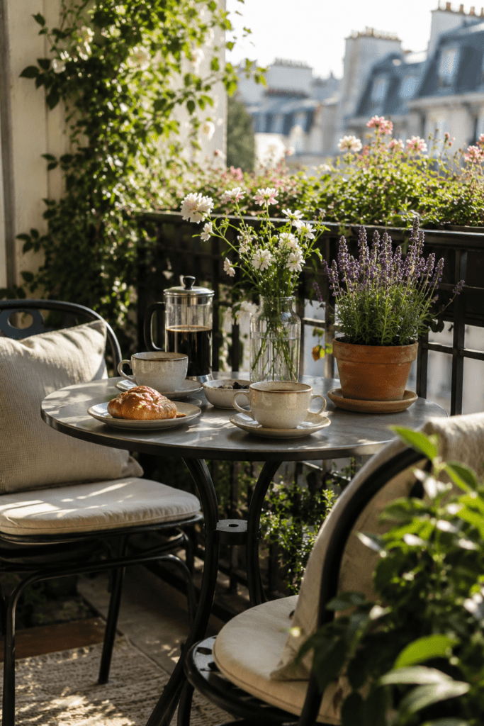 Small balcony bistro table setup with coffee, flowers, and morning sunlight.