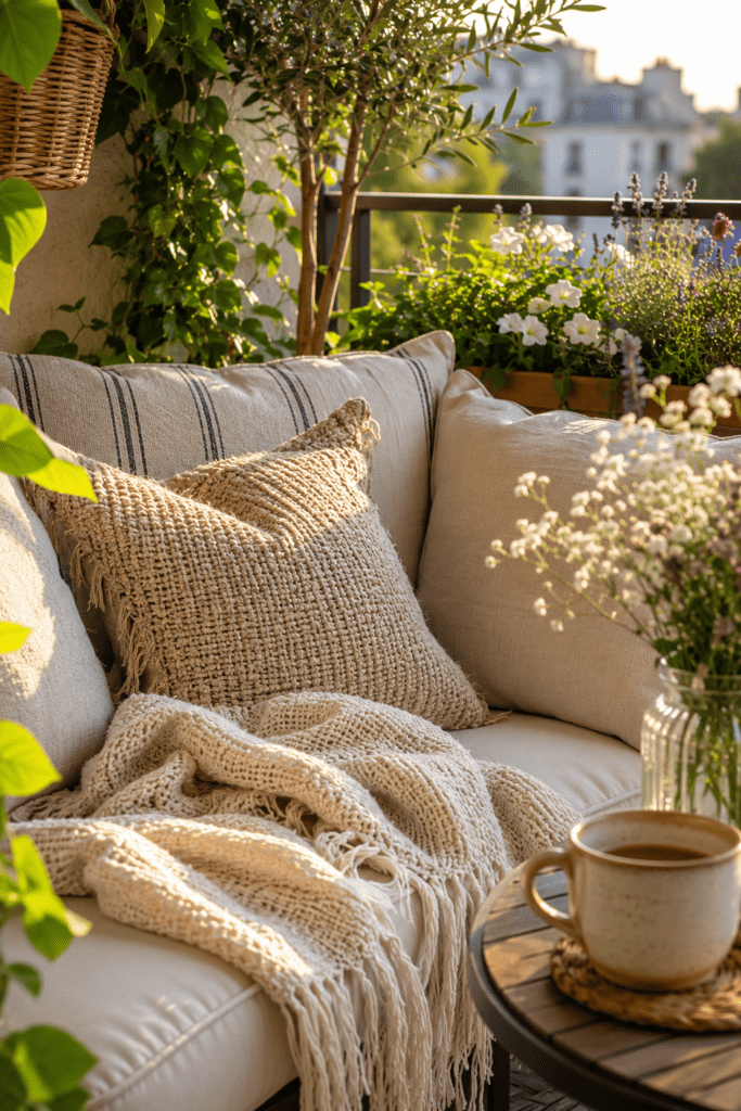 Outdoor balcony seating styled with textured pillows and cozy throw blankets.