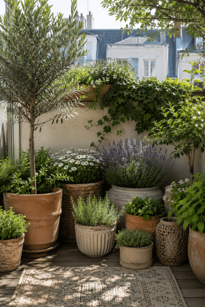 Decorative balcony planters featuring olive trees, herbs, and terracotta pots.