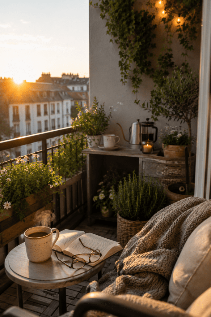 Cozy balcony coffee corner with a book, coffee mug, and sunrise lighting.