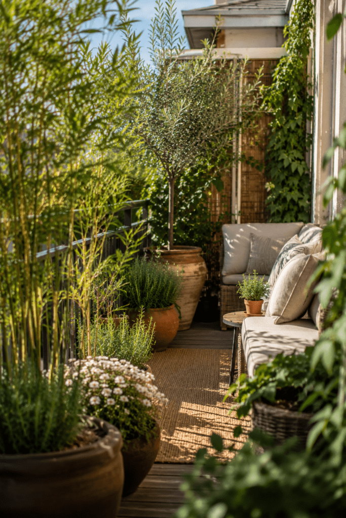 Apartment balcony using tall plants and greenery to create privacy and comfort.