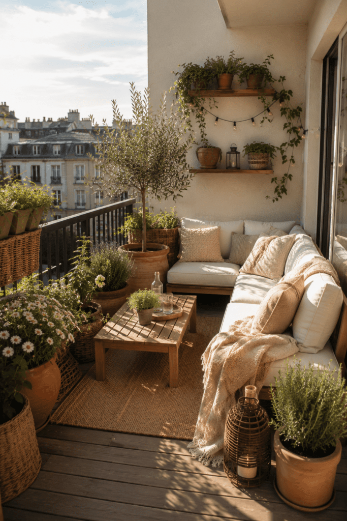 Small balcony decorated with warm neutral colors, greenery, and natural textures.