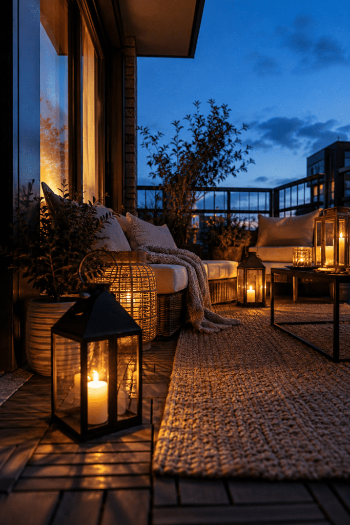 Decorative lanterns creating a cozy evening atmosphere on a small balcony.