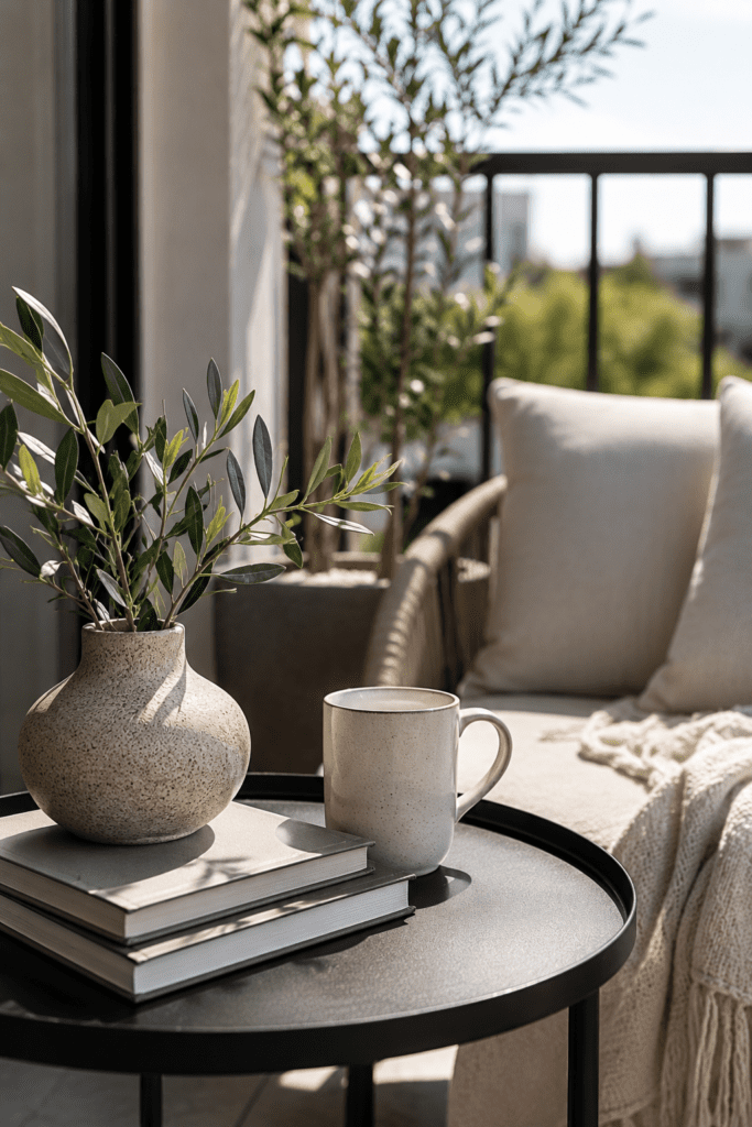 Simple balcony decor with ceramic vase, books, and natural styling.