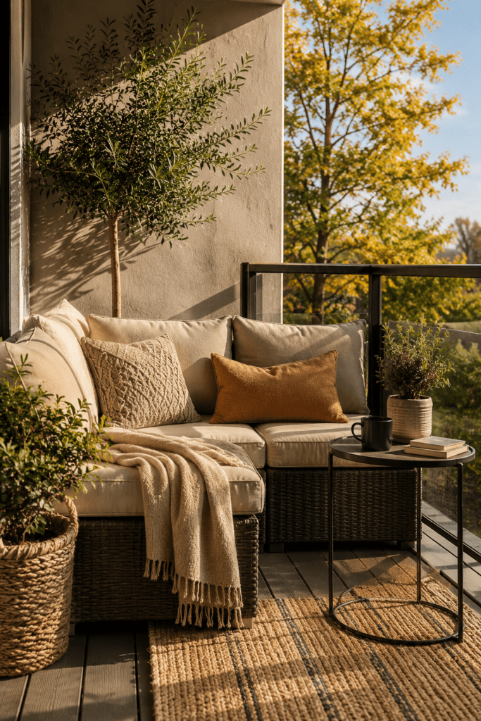 Comfortable balcony seating with cushions, throw blankets, and natural greenery.