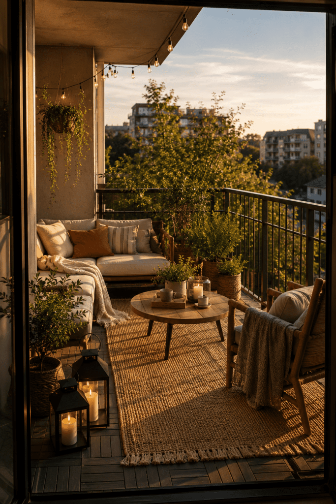 Cozy apartment balcony designed for daily relaxation with seating and greenery.