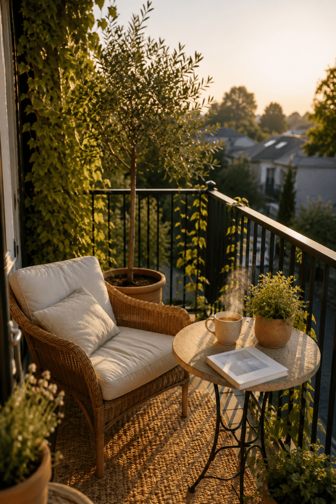 Cozy small balcony with wicker seating, coffee table, greenery, and warm sunrise light.