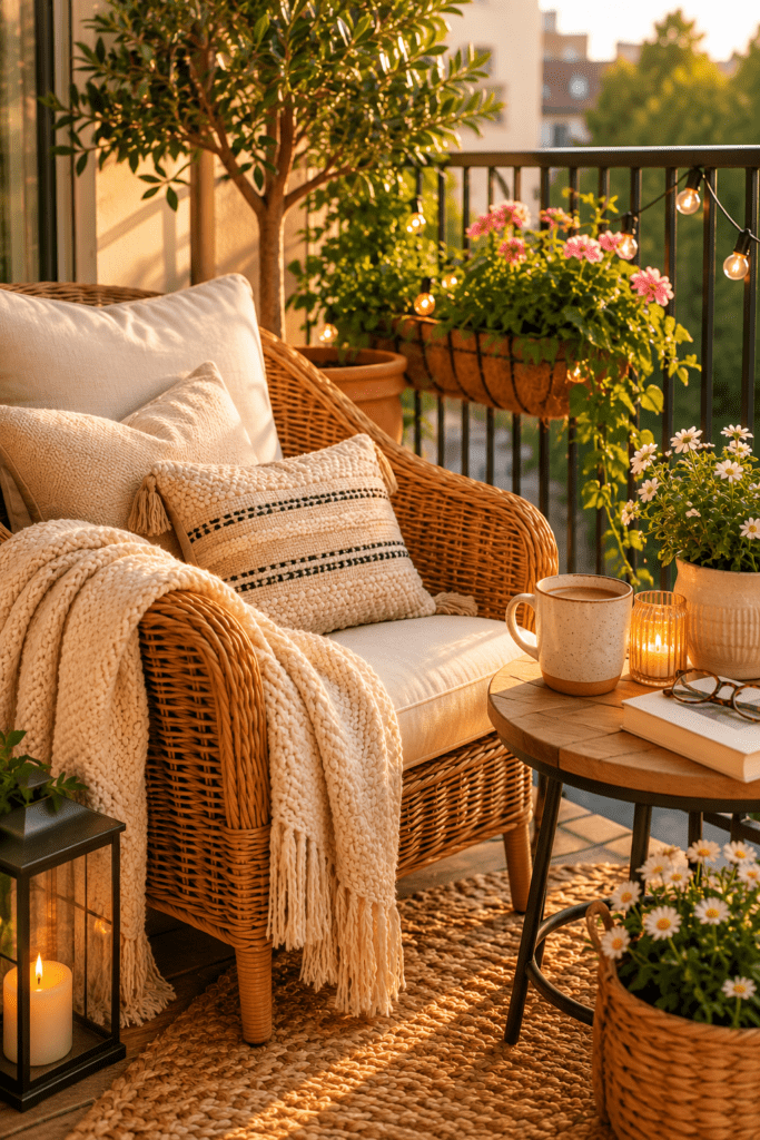 Comfortable wicker lounge chair with cushions on a cozy apartment balcony.