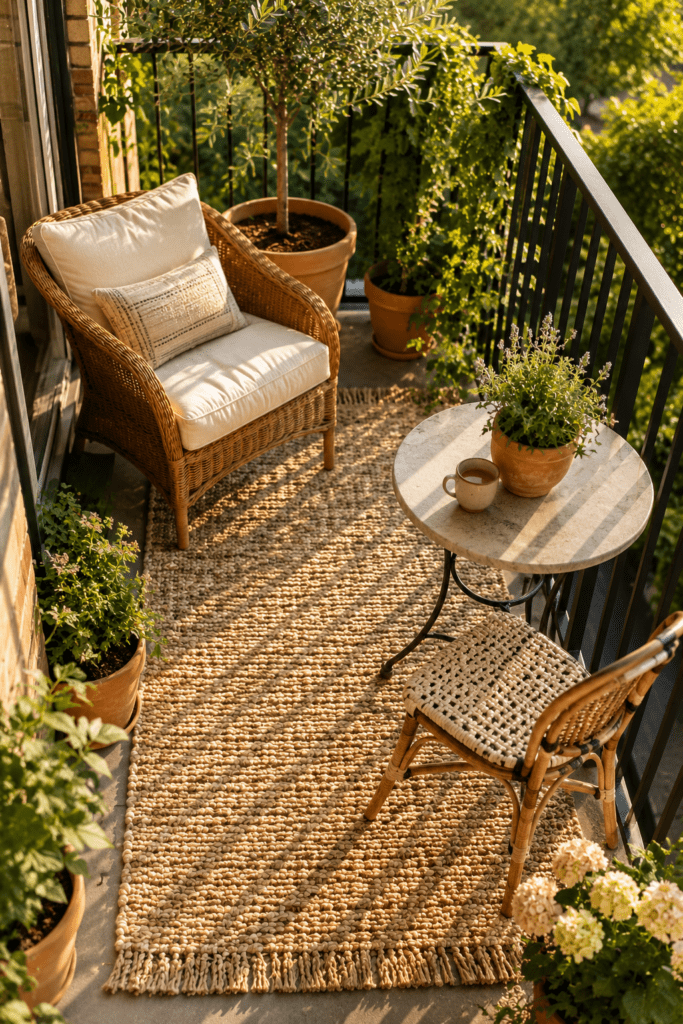 Outdoor rug defining a cozy balcony seating area with plants and morning sunlight.