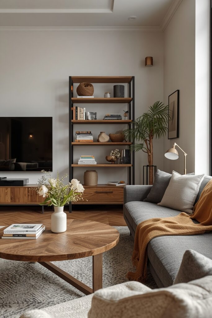Cozy apartment interior with oak furniture, wooden shelving, and warm earthy decor.