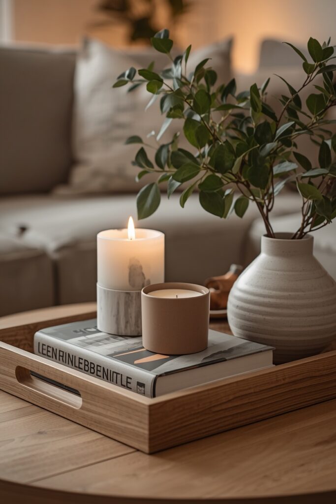 Apartment coffee table styled with books, candles, ceramics, and simple greenery.