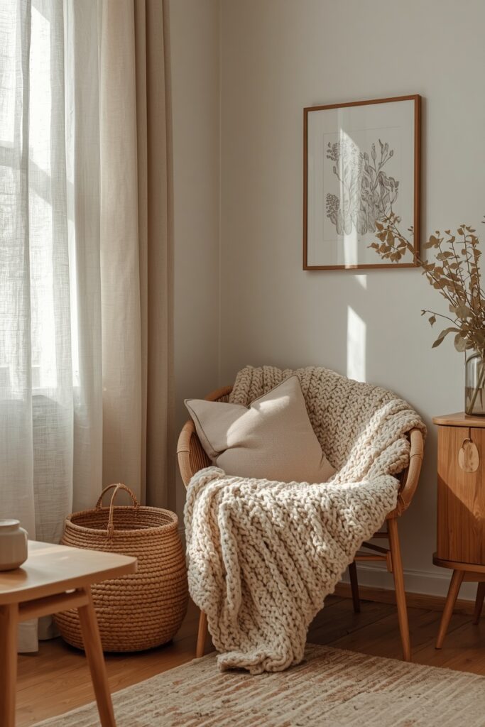 Cozy apartment corner featuring linen curtains, knit blankets, woven baskets, and natural wood accents.