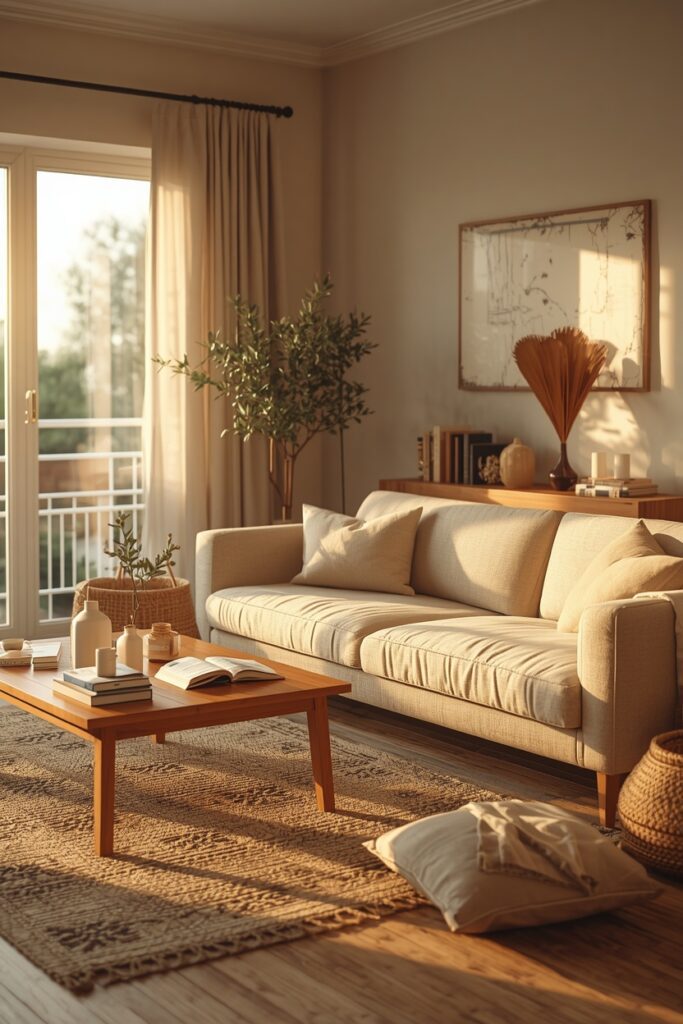 Cozy small apartment with warm neutral decor, natural wood furniture, soft lighting, and stylish lived-in details.