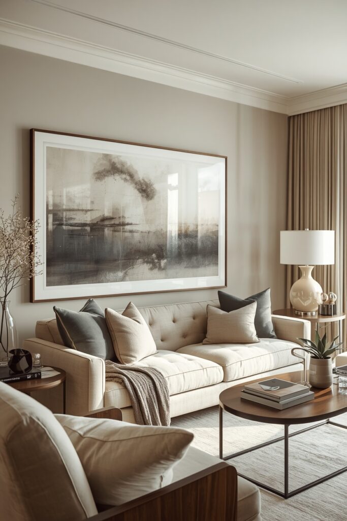 Stylish apartment living room featuring oversized wall art above a cozy neutral sofa.