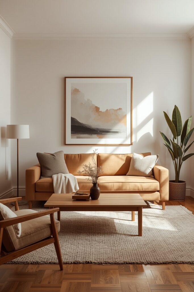 Small apartment living room with a beige sofa, oak coffee table, large artwork, and clean cozy styling.