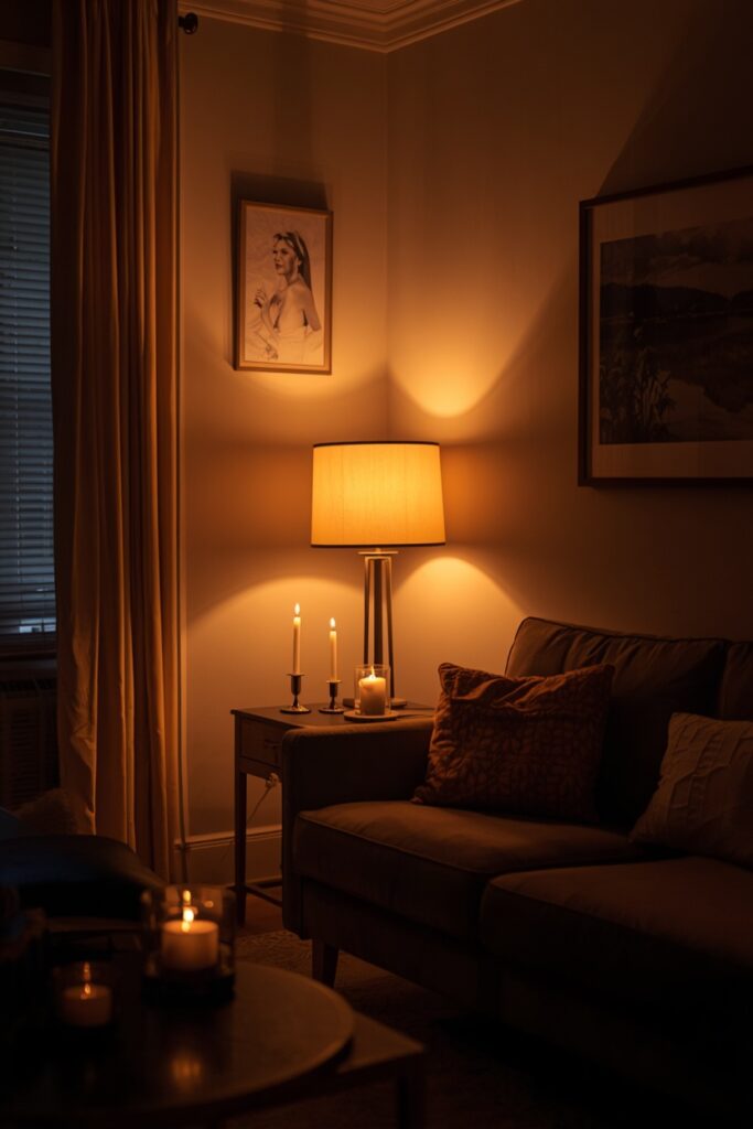 Warm apartment living room with layered lighting from floor lamps, table lamps, and candles.