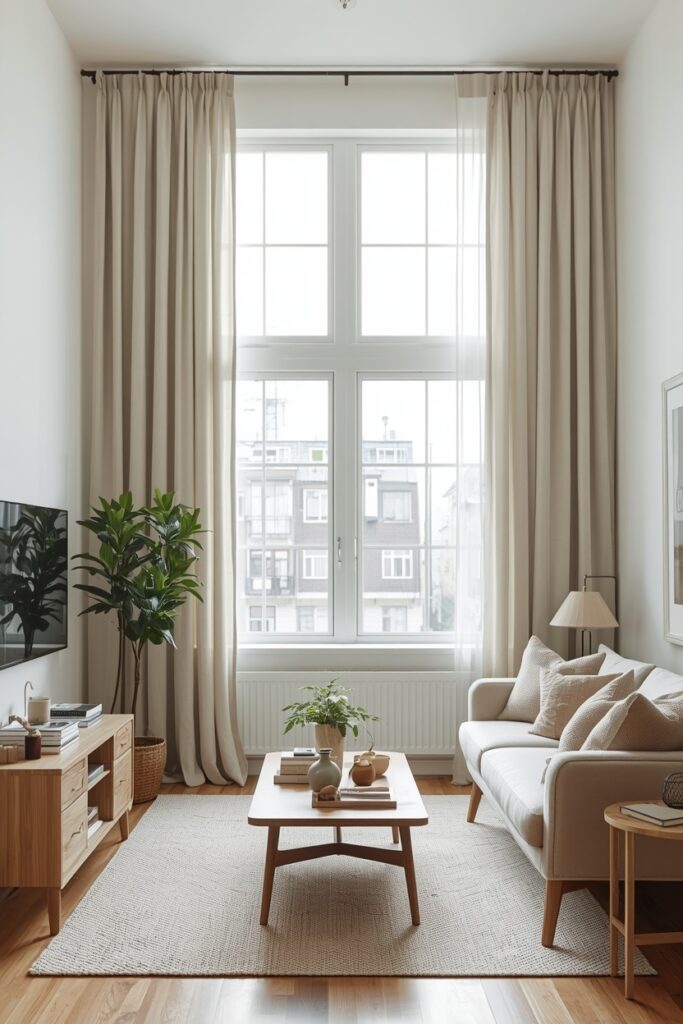 Apartment living room with floor-to-ceiling linen curtains and bright natural window light.