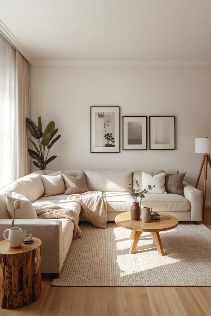 Neutral apartment decor with beige furniture, soft textures, and warm natural sunlight.