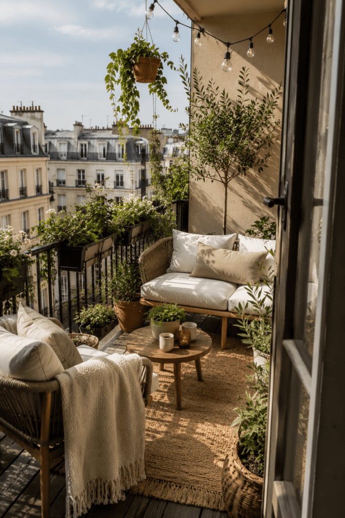 Balcony decor with cozy seating, layered plants, stylish furniture, and small balcony design inspiration