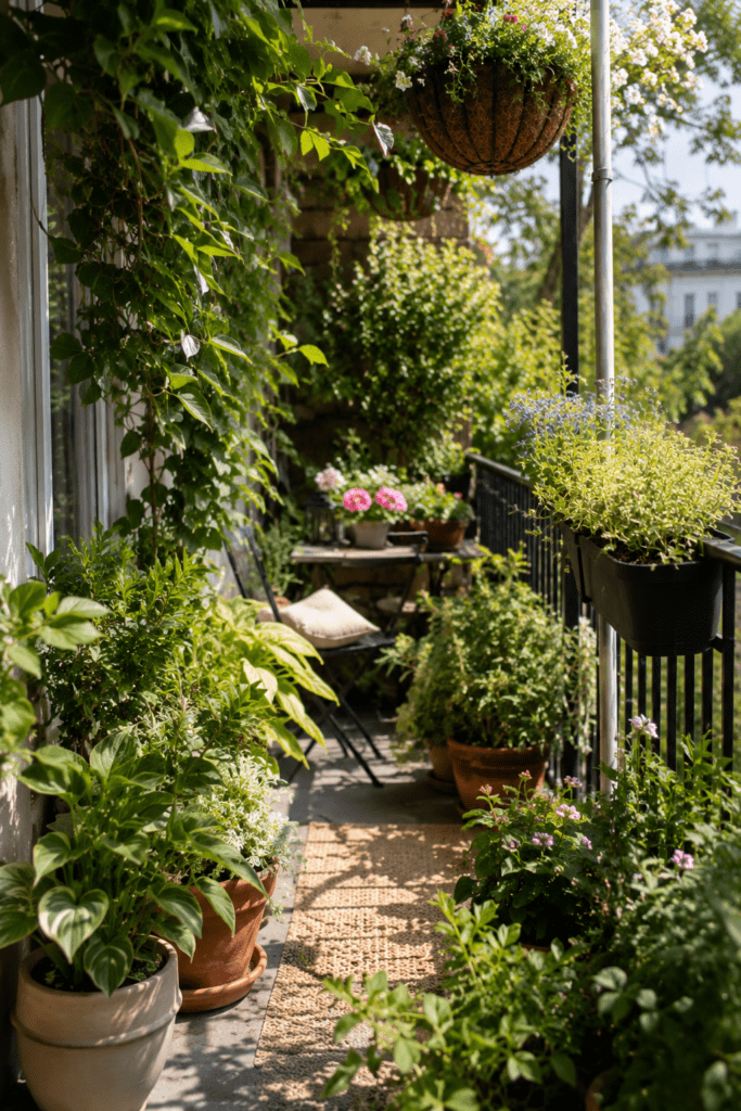 Balcony decor with layered plants, hanging greenery, and small balcony garden inspiration