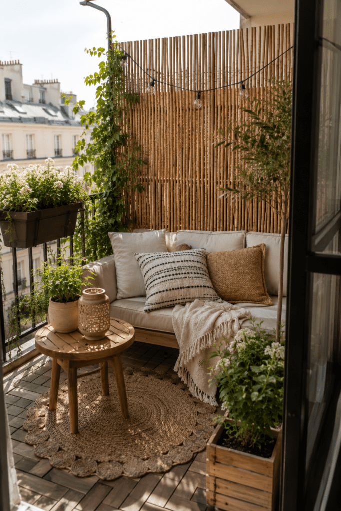 Balcony privacy screen ideas with stylish divider panels and cozy outdoor decor