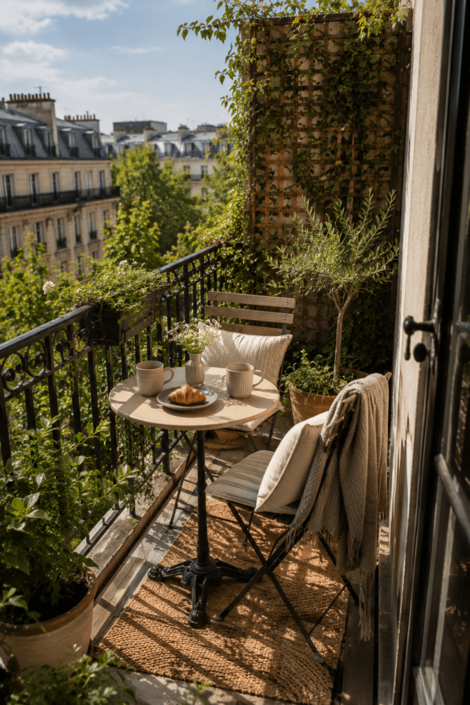 Small balcony coffee corner with bistro table, cozy chairs, and stylish outdoor decor