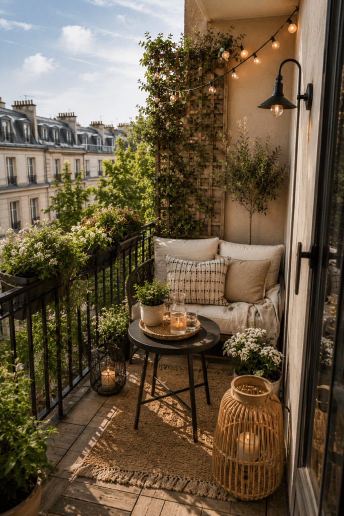 Balcony decor with decorative lighting, lantern ideas, string lights, and stylish small balcony design inspiration