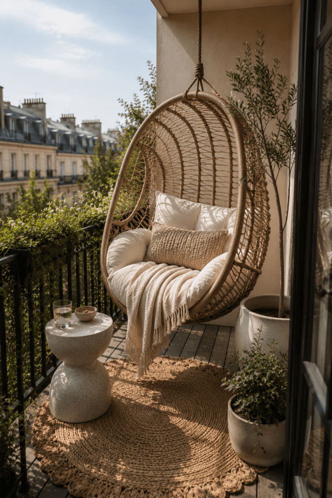 Balcony decor with statement chair, designer furniture, and stylish small balcony inspiration